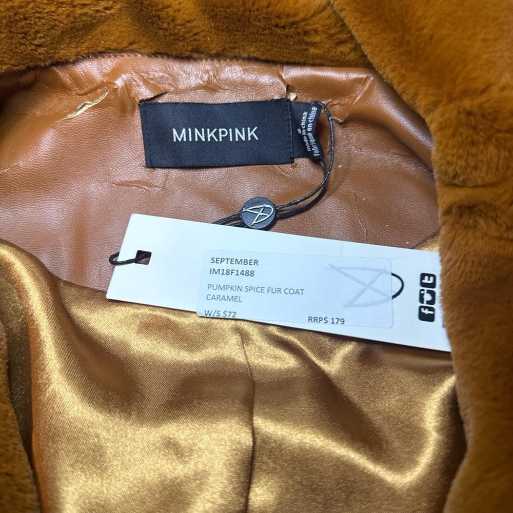 NWT MINKPINK Women's Pumpkin Spice Brown Orange Faux Fur Penny Lane Coat — SMALL - Picture 2 of 7